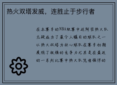 热火双塔发威，连胜止于步行者